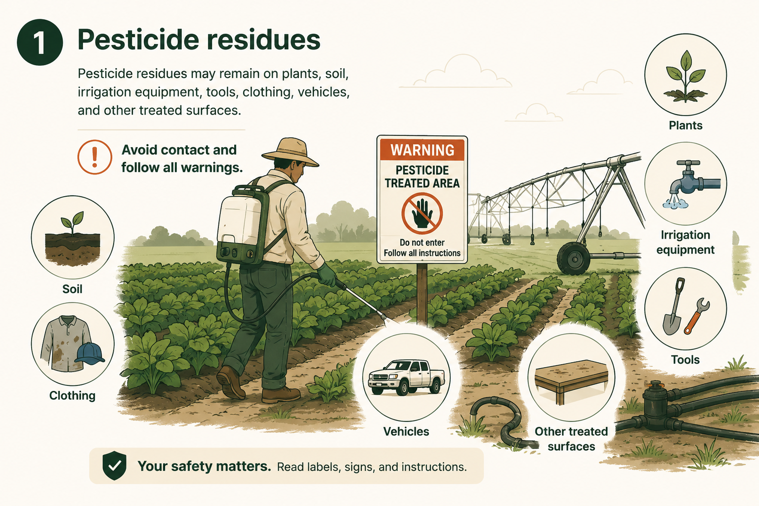 Pesticide residues may remain on plants, soil, irrigation equipment, tools, clothing, vehicles, and treated surfaces.